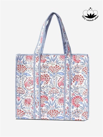 MARIGOLD - Floral Desenli Beyaz Pamuklu Kumaş Günlük Omuz Çantası - Tote Bag