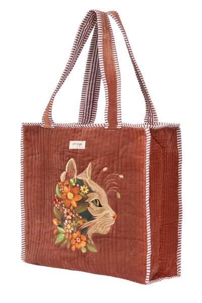 VELVET CAT - Kedi Nakışlı Kadife Kumaş Fermuarlı Günlük Omuz Çantası - Tote Bag