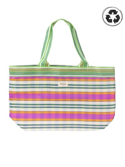 TYRA - Pembe Yatay Çizgili Naylon Kumaş Omuz Çantası - Tote Bag
