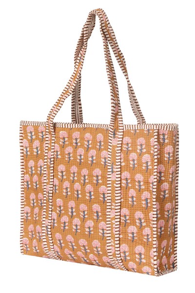 GARDEN- Çiçek Desenli Hardal Pamuklu Kumaş Günlük Omuz Çantası - Tote Bag