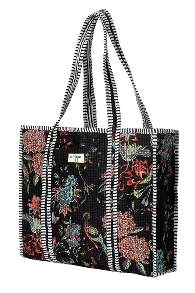 PEACOCK - Tavuskuşu Desenli Siyah Pamuklu Kumaş Günlük Omuz Çantası - Tote Bag