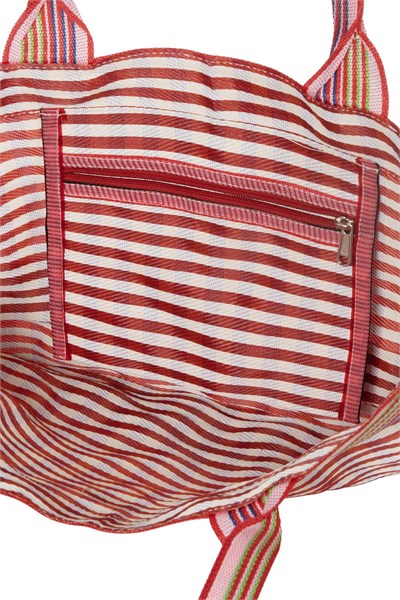 TYRA - Kırmızı Yatay Çizgili Naylon Kumaş Omuz Çantası - Tote Bag