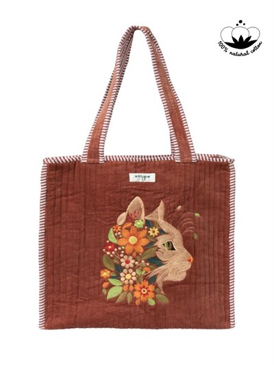 VELVET CAT - Kedi Nakışlı Kadife Kumaş Fermuarlı Günlük Omuz Çantası - Tote Bag