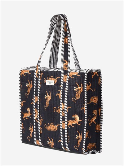 URBAN - Kaplan Desenli Siyah Pamuklu Kumaş Günlük Omuz Çantası - Tote Bag
