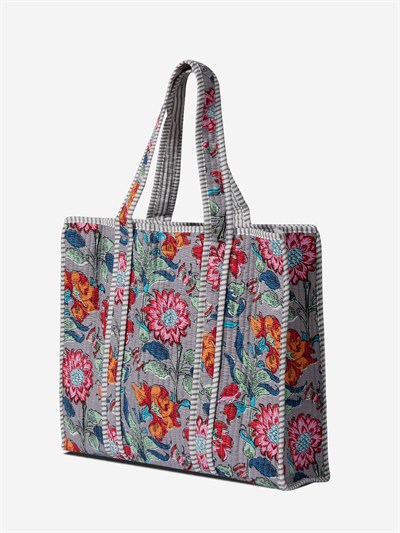 FIORA- Floral Desenli Gri Pamuklu Kumaş Günlük Omuz Çantası - Tote Bag