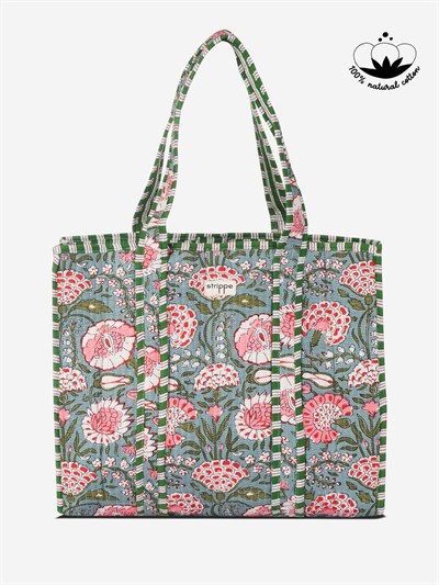 MARIGOLD - Floral Desenli Yeşil Pamuklu Kumaş Günlük Omuz Çantası - Tote Bag