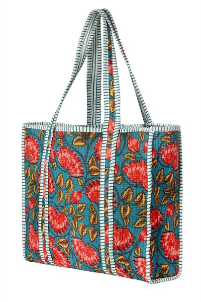 LAGOON- Çiçek Desenli Yeşil Pamuklu Kumaş Günlük Omuz Çantası - Tote Bag