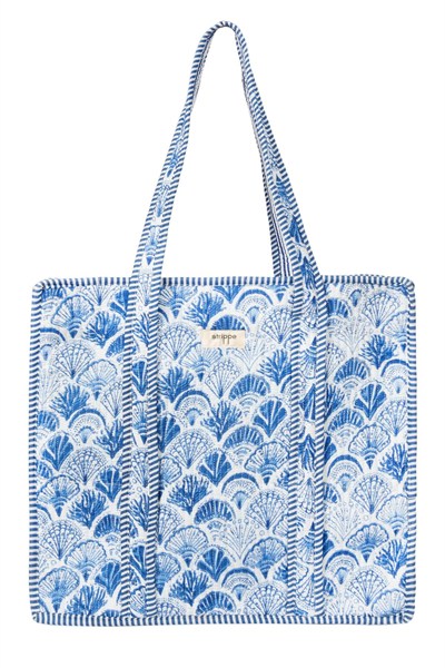 CARRYALL - İstiridye Desenli Mavi Pamuklu Kumaş Fermuarlı Günlük Omuz Çantası  - Tote Bag