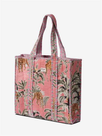 PALMWHITE - Palmiye Desenli Pembe Pamuklu Kumaş Günlük Omuz Çantası - Tote Bag