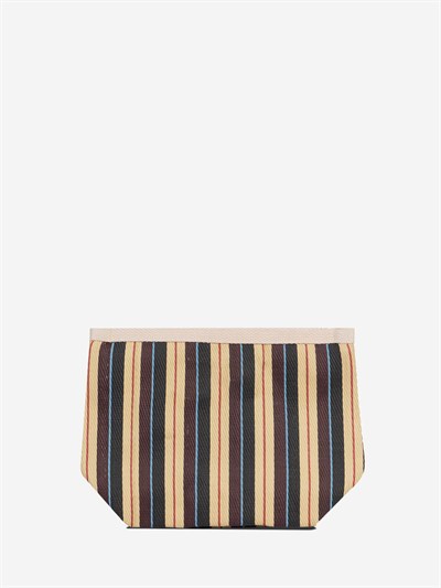 VIVA - Krem Kahve Çizgili Naylon Kumaş Pouch Portföy Çanta
