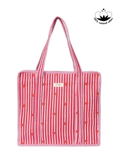 CARRYALL - Kalp Desenli Pembe Pamuklu Kumaş Fermuarlı Günlük Omuz Çantası  - Tote Bag