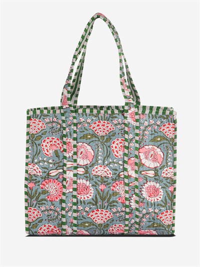 MARIGOLD - Floral Desenli Yeşil Pamuklu Kumaş Günlük Omuz Çantası - Tote Bag