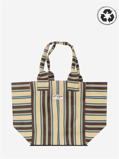 NOVA - Kahve Krem Çizgili Büyük Boy Naylon Çanta - Tote Bag