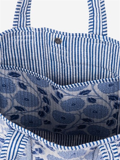 BLEU BLANC - Mavi Çiçek Desenli Beyaz Pamuklu Kumaş Günlük Omuz Çantası - Tote Bag