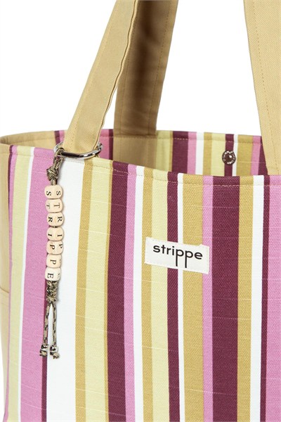 TRACE - Hardal Pembe Çizgili Pamuklu Kumaş Günlük Omuz Çantası -  Tote Bag