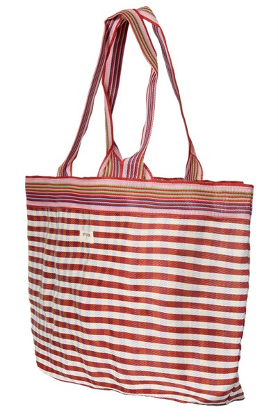 TYRA - Kırmızı Yatay Çizgili Naylon Kumaş Omuz Çantası - Tote Bag