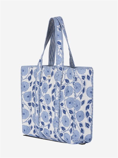 BLEU BLANC - Mavi Çiçek Desenli Beyaz Pamuklu Kumaş Günlük Omuz Çantası - Tote Bag