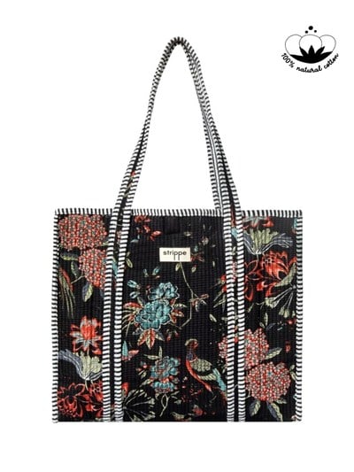 PEACOCK - Tavuskuşu Desenli Siyah Pamuklu Kumaş Günlük Omuz Çantası - Tote Bag