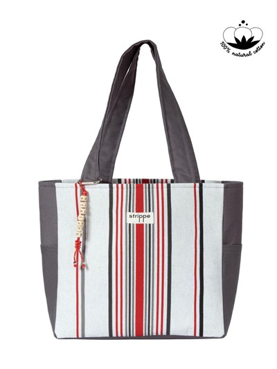 TRACE - Gri Kırmızı Çizgili Pamuklu Kumaş Günlük Omuz Çantası -  Tote Bag