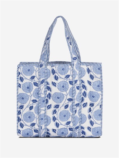 BLEU BLANC - Mavi Çiçek Desenli Beyaz Pamuklu Kumaş Günlük Omuz Çantası - Tote Bag