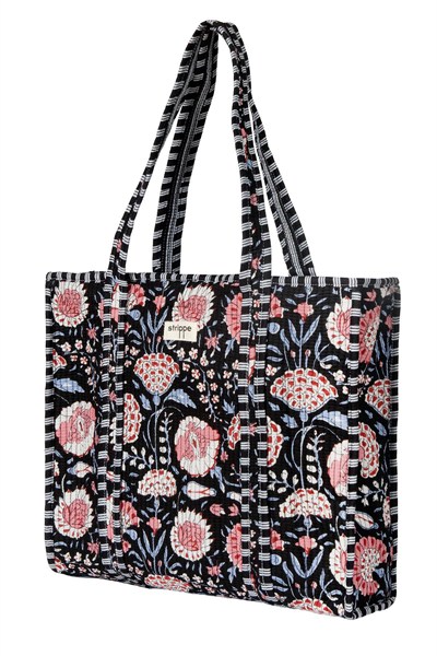 MARIGOLD - Floral Desenli Siyah Pamuklu Kumaş Günlük Omuz Çantası - Tote Bag