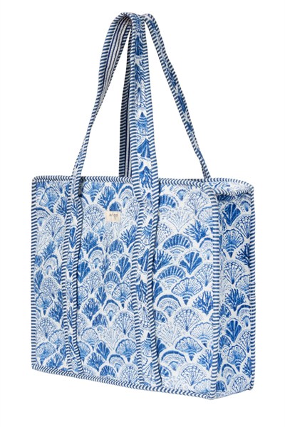 CARRYALL - İstiridye Desenli Mavi Pamuklu Kumaş Fermuarlı Günlük Omuz Çantası  - Tote Bag