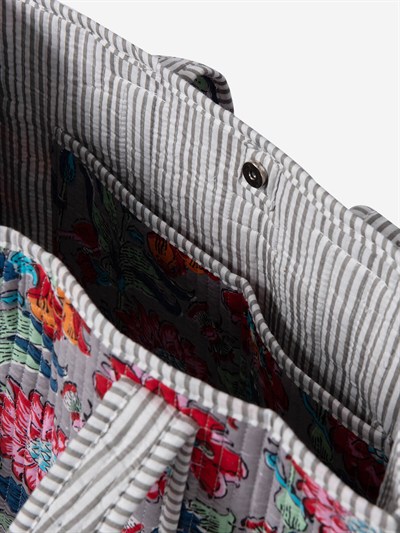 FIORA- Floral Desenli Gri Pamuklu Kumaş Günlük Omuz Çantası - Tote Bag