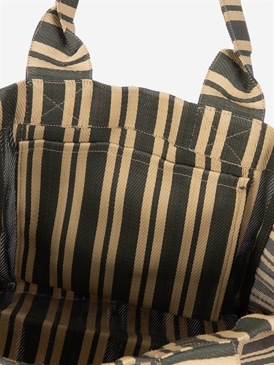 NOVA - Haki Krem Çizgili Büyük Boy Naylon Çanta - Tote Bag