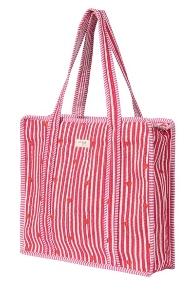 CARRYALL - Kalp Desenli Pembe Pamuklu Kumaş Fermuarlı Günlük Omuz Çantası  - Tote Bag