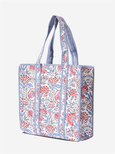 MARIGOLD - Floral Desenli Beyaz Pamuklu Kumaş Günlük Omuz Çantası - Tote Bag