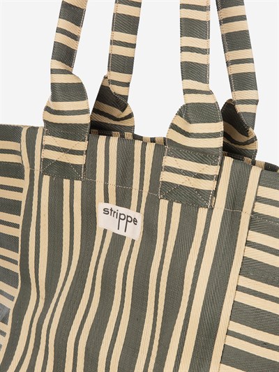 NOVA - Haki Krem Çizgili Büyük Boy Naylon Çanta - Tote Bag