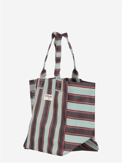 NOVA - Kahverengi Çizgili Büyük Boy Naylon Çanta - Tote Bag