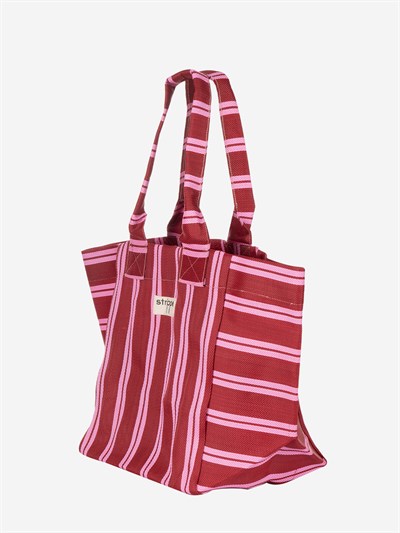 NOVA - Bordo Pembe Çizgili Büyük Boy Naylon Çanta - Tote Bag