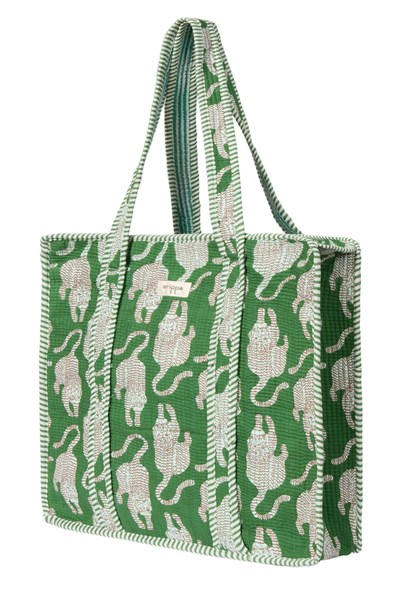 CARRYALL - Kaplan Desenli Yeşil Pamuklu Kumaş Fermuarlı Günlük Omuz Çantası  - Tote Bag