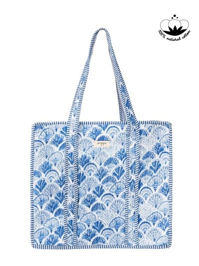 CARRYALL - İstiridye Desenli Mavi Pamuklu Kumaş Fermuarlı Günlük Omuz Çantası  - Tote Bag