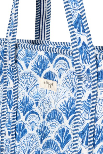 CARRYALL - İstiridye Desenli Mavi Pamuklu Kumaş Fermuarlı Günlük Omuz Çantası  - Tote Bag
