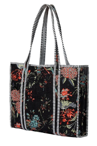 PEACOCK - Tavuskuşu Desenli Siyah Pamuklu Kumaş Günlük Omuz Çantası - Tote Bag