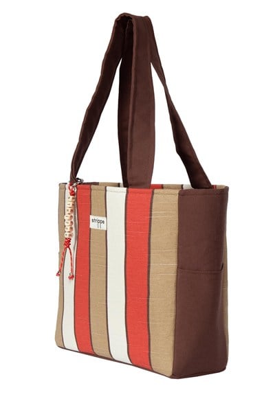 TRACE - Kahverengi Bej Çizgili Pamuklu Kumaş Günlük Omuz Çantası -  Tote Bag
