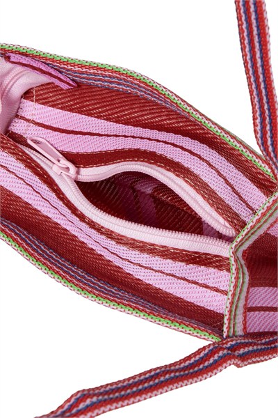 JUNO - Bordo Pembe Çizgili Naylon Baget Omuz Çantası