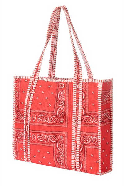 PAISLEY - Şal Desenli Kırmızı Pamuklu Kumaş Günlük Omuz Çantası - Tote Bag