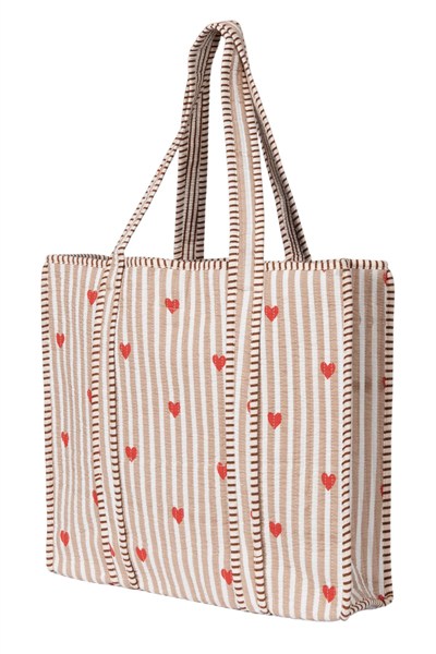 LOVE BOMBING - Kalp Desenli Bej Pamuklu Kumaş Günlük Omuz Çantası  - Tote Bag