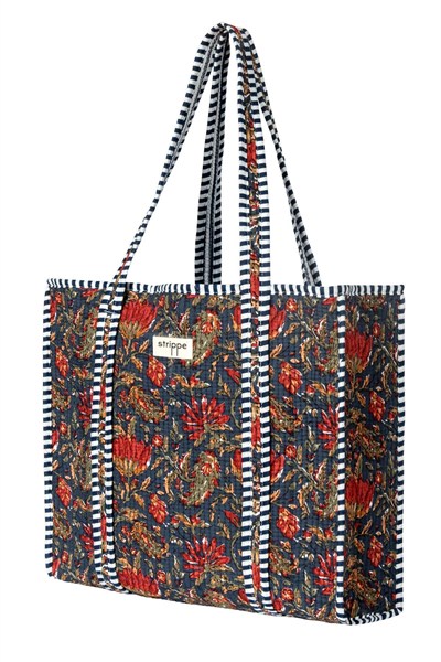 FABLE - Çiçek Desenli Lacivert Pamuklu Kumaş Günlük Omuz Çantası - Tote Bag