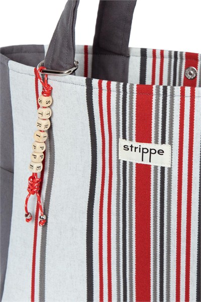 TRACE - Gri Kırmızı Çizgili Pamuklu Kumaş Günlük Omuz Çantası -  Tote Bag