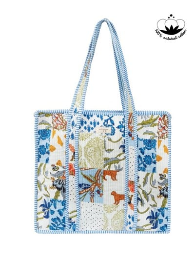 CARRYALL - Patchwork Desenli Mavi Pamuklu Kumaş Fermuarlı Günlük Omuz Çantası  - Tote Bag