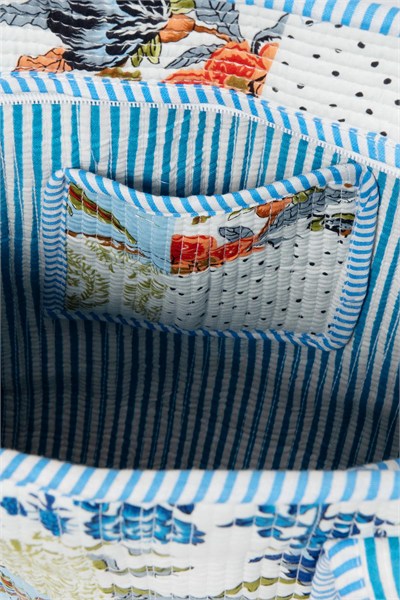 CARRYALL - Patchwork Desenli Mavi Pamuklu Kumaş Fermuarlı Günlük Omuz Çantası  - Tote Bag