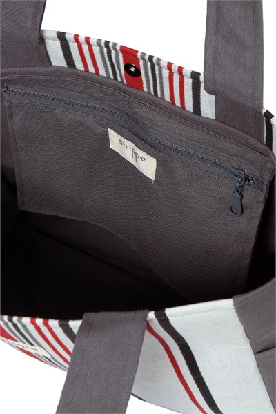 TRACE - Gri Kırmızı Çizgili Pamuklu Kumaş Günlük Omuz Çantası -  Tote Bag