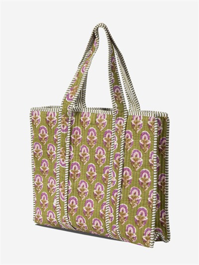 GARDEN- Çiçek Desenli Yeşil Pamuklu Kumaş Günlük Omuz Çantası - Tote Bag
