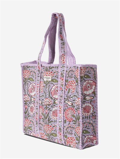 MARIGOLD - Floral Desenli Eflatun Pamuklu Kumaş Günlük Omuz Çantası - Tote Bag