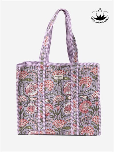 MARIGOLD - Floral Desenli Eflatun Pamuklu Kumaş Günlük Omuz Çantası - Tote Bag