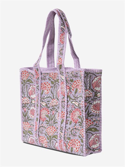 MARIGOLD - Floral Desenli Eflatun Pamuklu Kumaş Günlük Omuz Çantası - Tote Bag